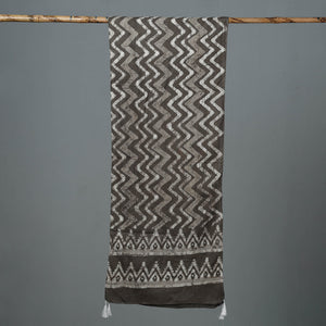Brown - Bagru Block Printed Tagai Work Cotton Stole with Tassels