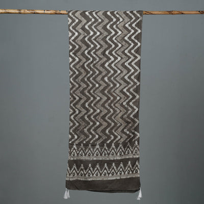 Brown - Bagru Block Printed Tagai Work Cotton Stole with Tassels