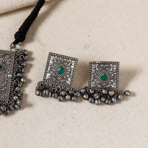 Antique Silver Finish Oxidised Brass Base Stone Work Necklace Set