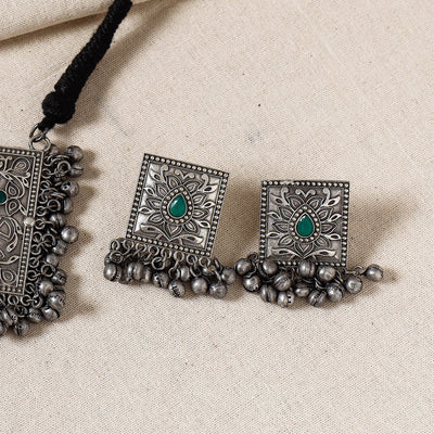Antique Silver Finish Oxidised Brass Base Stone Work Necklace Set