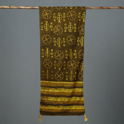 Brown - Bagru Block Printed Tagai Work Cotton Stole with Tassels