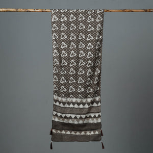 Brown - Bagru Block Printed Tagai Work Cotton Stole with Tassels