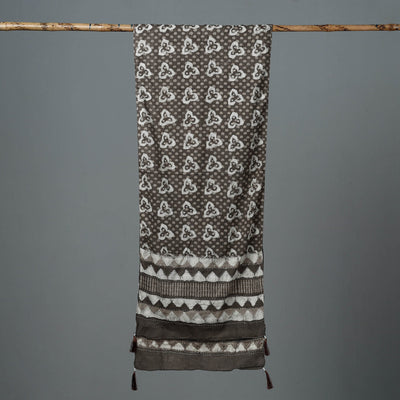Brown - Bagru Block Printed Tagai Work Cotton Stole with Tassels