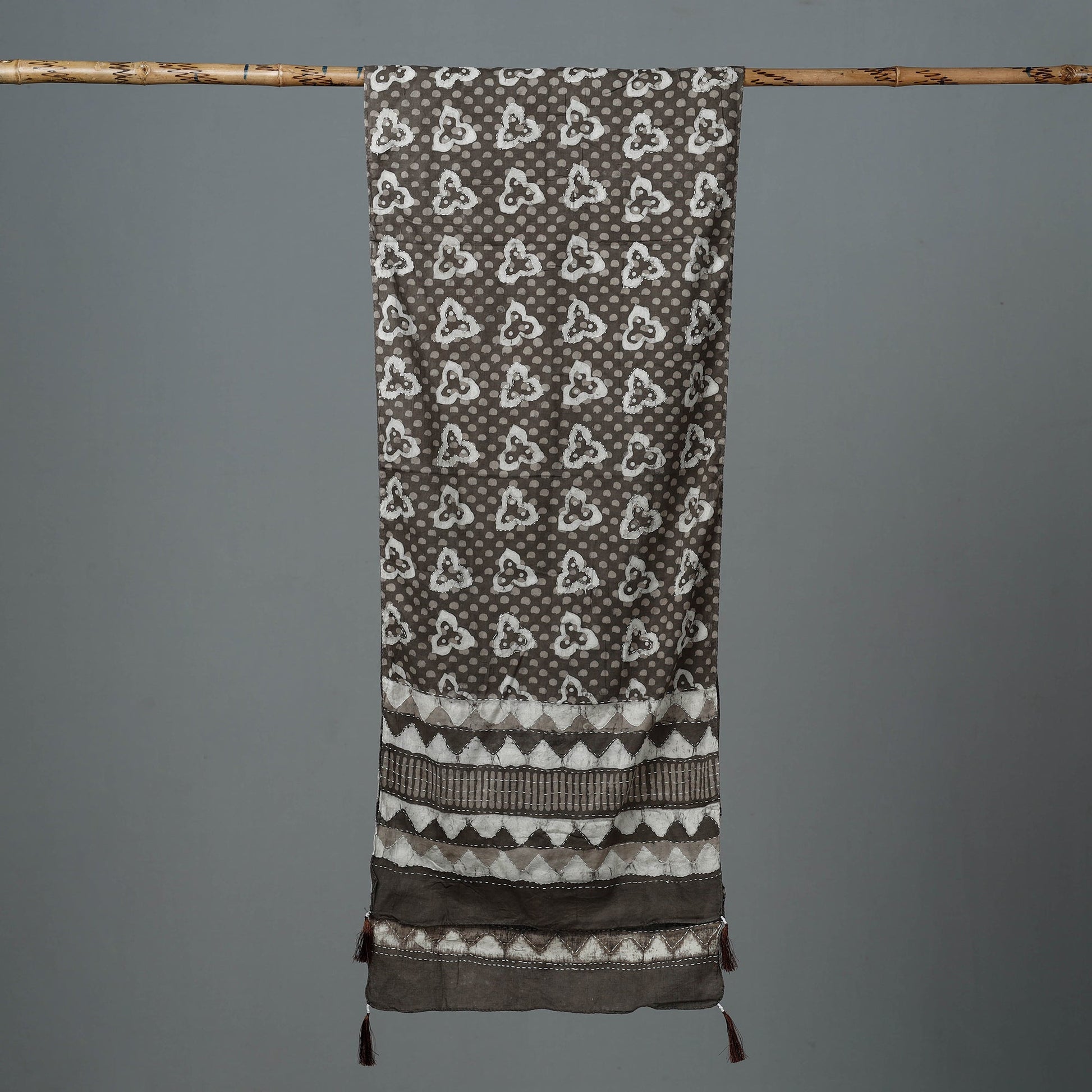 Brown - Bagru Block Printed Tagai Work Cotton Stole with Tassels