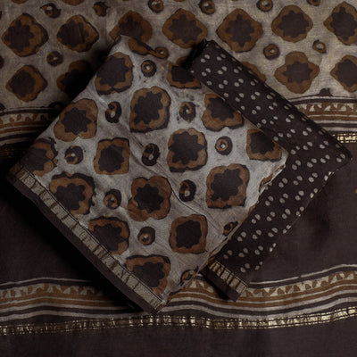 Brown - 3pc Akola Block Printed Chanderi Silk Suit Material Set