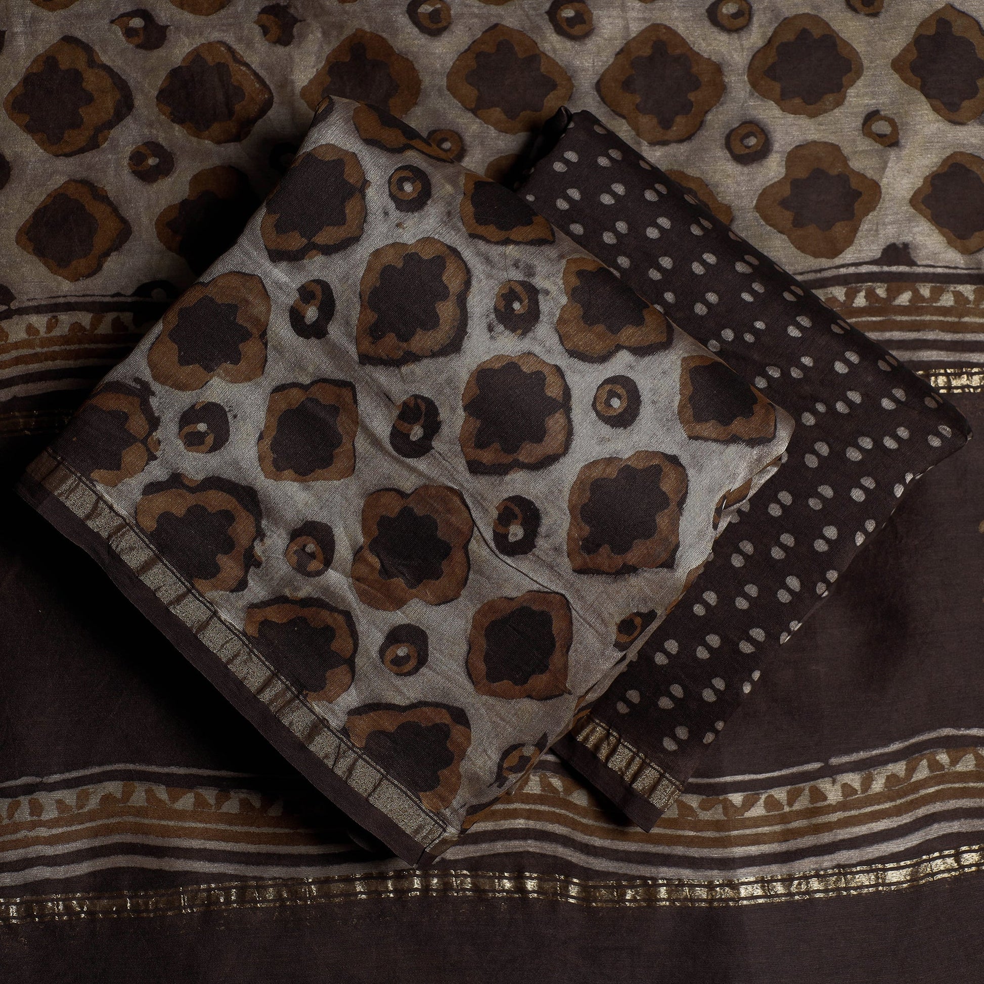 Brown - 3pc Akola Block Printed Chanderi Silk Suit Material Set