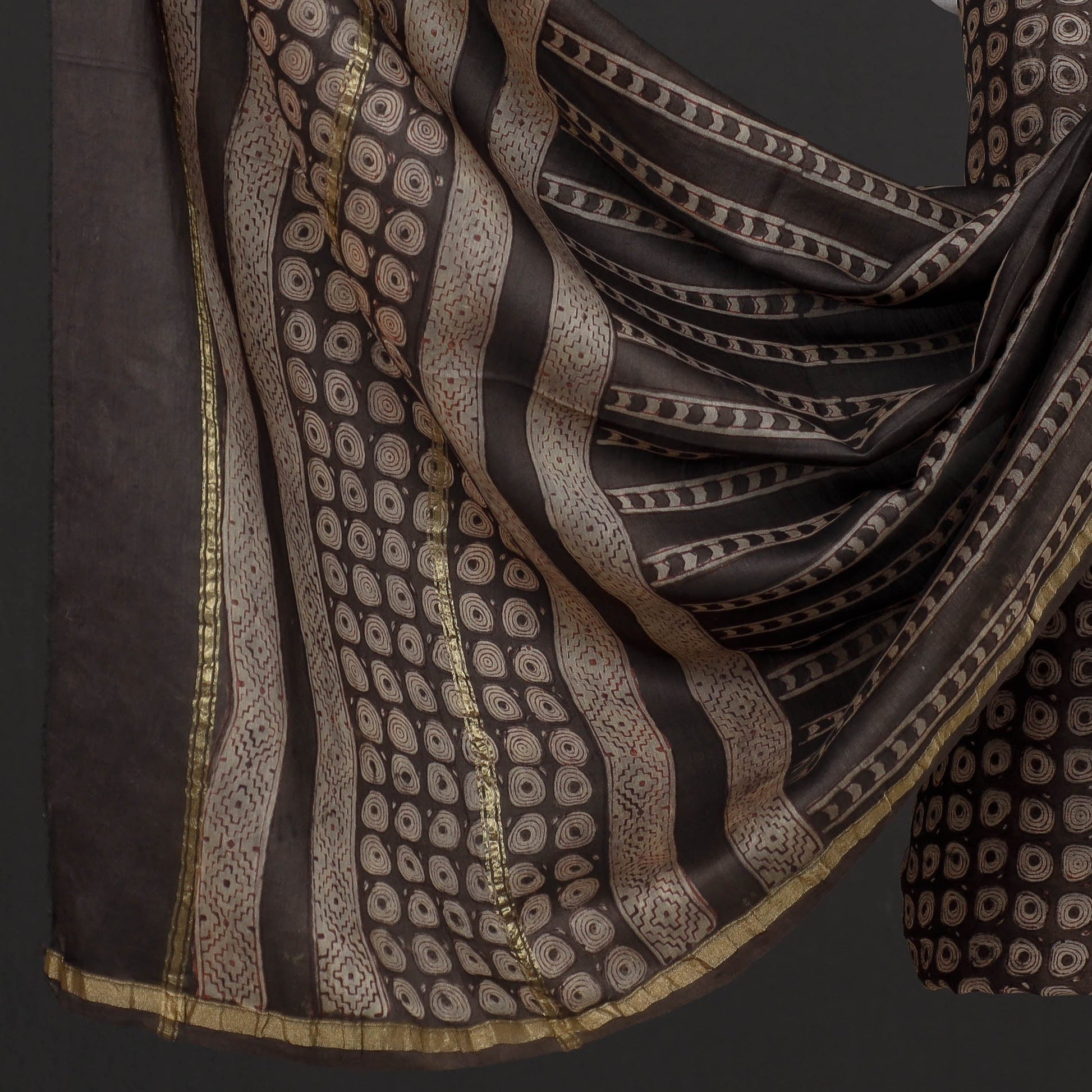 Brown - 3pc Akola Block Printed Chanderi Silk Suit Material Set