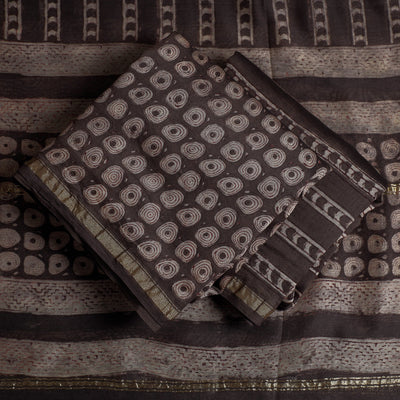 Brown - 3pc Akola Block Printed Chanderi Silk Suit Material Set
