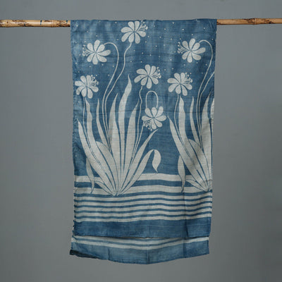 Blue - Block Art Print Natural Dyed Tussar Silk Bindaas Stole