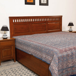 Blue - Ajrakh Block Printed Kantha Work Cotton Double Bed Cover (105 x 90 in)
