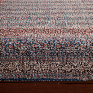 Blue - Ajrakh Block Printed Kantha Work Cotton Double Bed Cover (105 x 90 in)