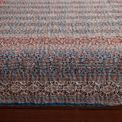 Blue - Ajrakh Block Printed Kantha Work Cotton Double Bed Cover (105 x 90 in)