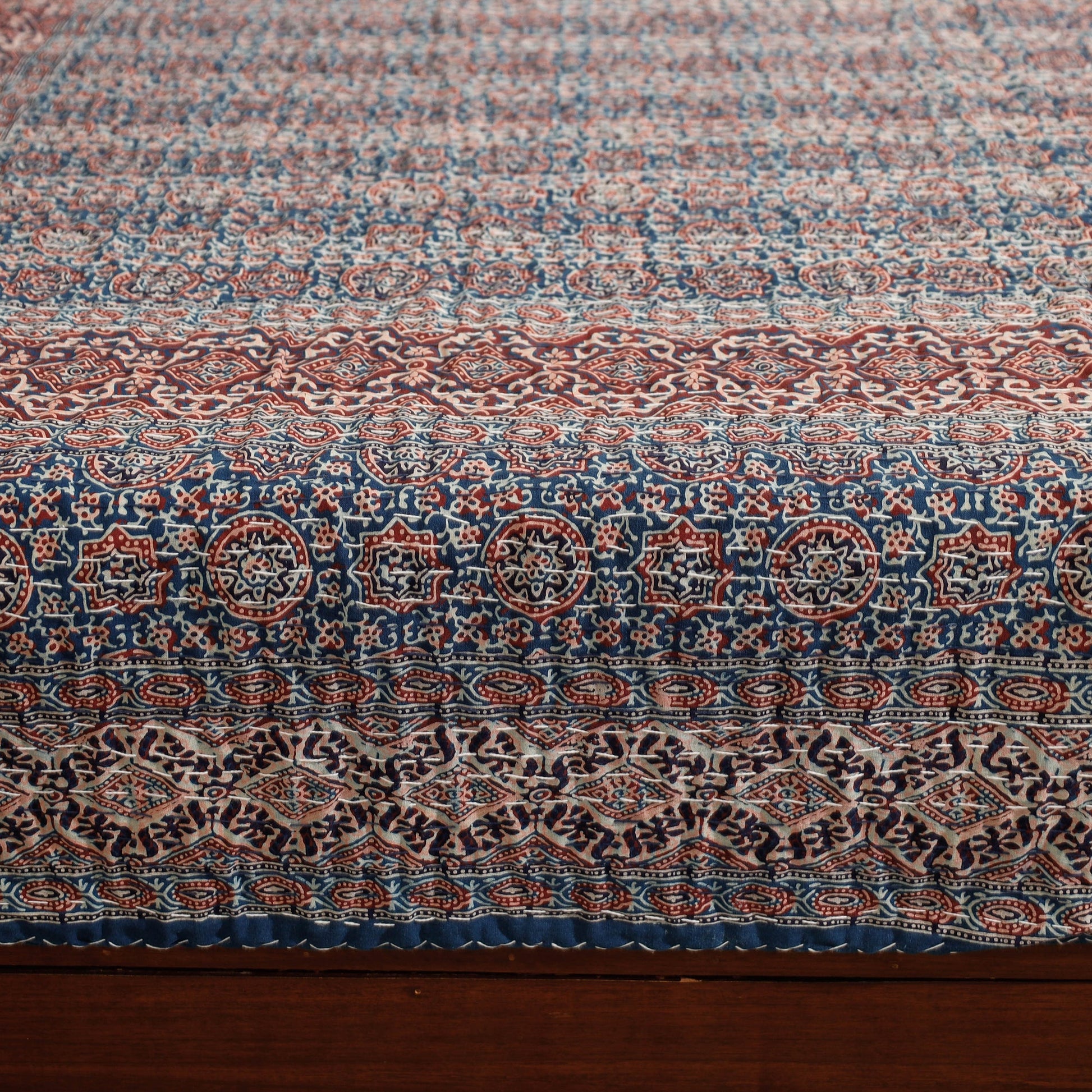 Blue - Ajrakh Block Printed Kantha Work Cotton Double Bed Cover (105 x 90 in)