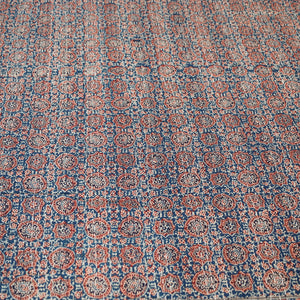 Blue - Ajrakh Block Printed Kantha Work Cotton Double Bed Cover (105 x 90 in)