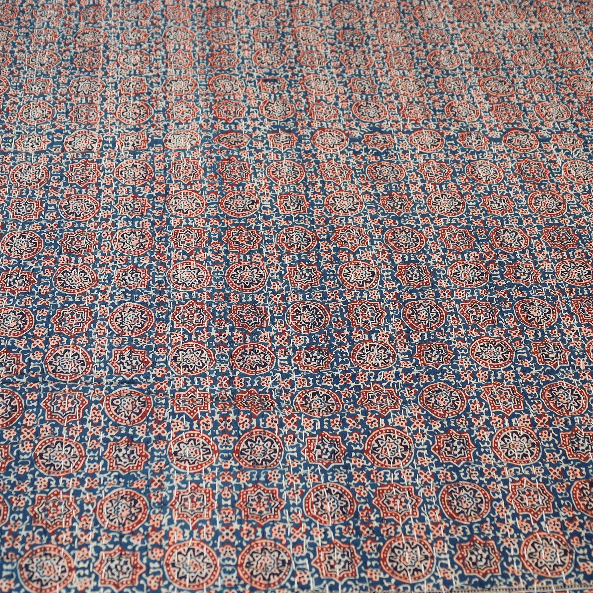 Blue - Ajrakh Block Printed Kantha Work Cotton Double Bed Cover (105 x 90 in)