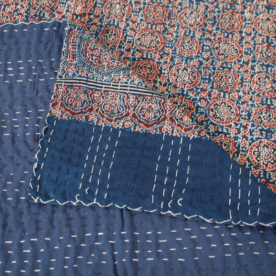 Blue - Ajrakh Block Printed Kantha Work Cotton Double Bed Cover (105 x 90 in)
