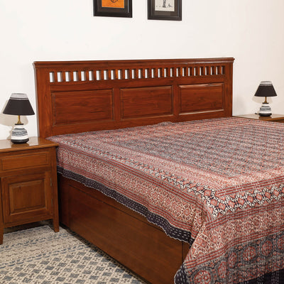 Brown - Ajrakh Block Printed Kantha Work Cotton Double Bed Cover (105 x 90 in)