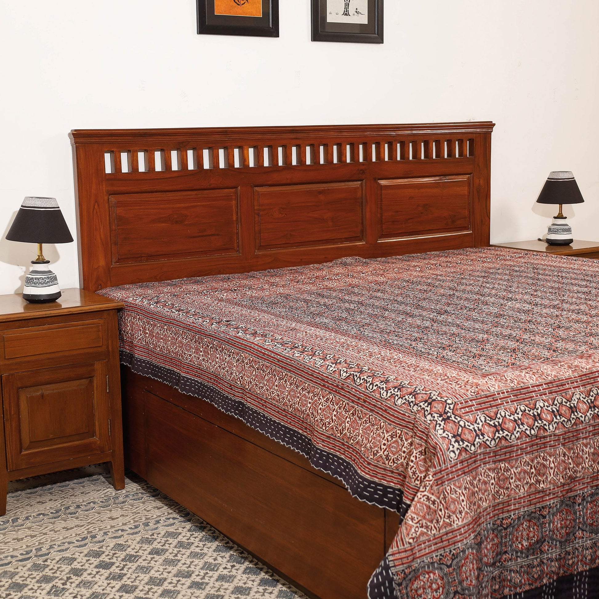 Brown - Ajrakh Block Printed Kantha Work Cotton Double Bed Cover (105 x 90 in)