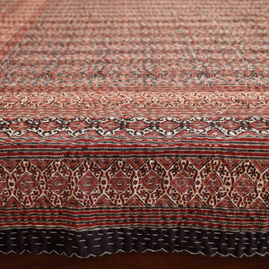 Brown - Ajrakh Block Printed Kantha Work Cotton Double Bed Cover (105 x 90 in)