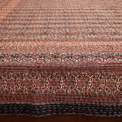 Brown - Ajrakh Block Printed Kantha Work Cotton Double Bed Cover (105 x 90 in)