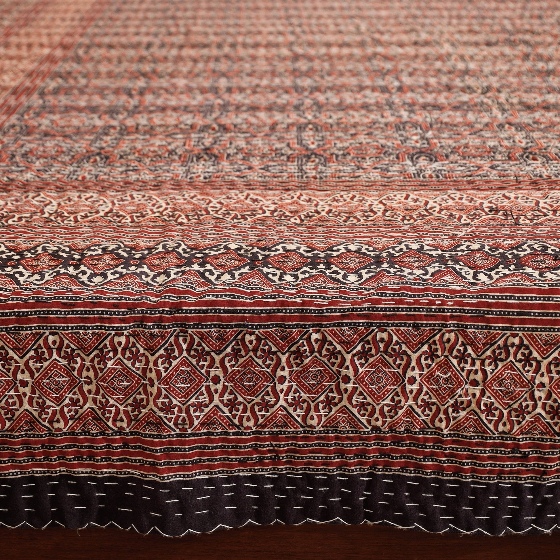 Brown - Ajrakh Block Printed Kantha Work Cotton Double Bed Cover (105 x 90 in)