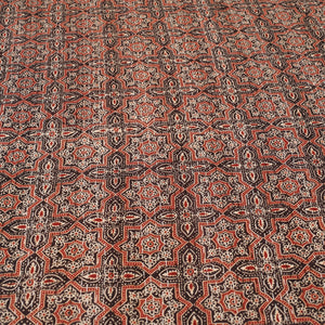 Brown - Ajrakh Block Printed Kantha Work Cotton Double Bed Cover (105 x 90 in)