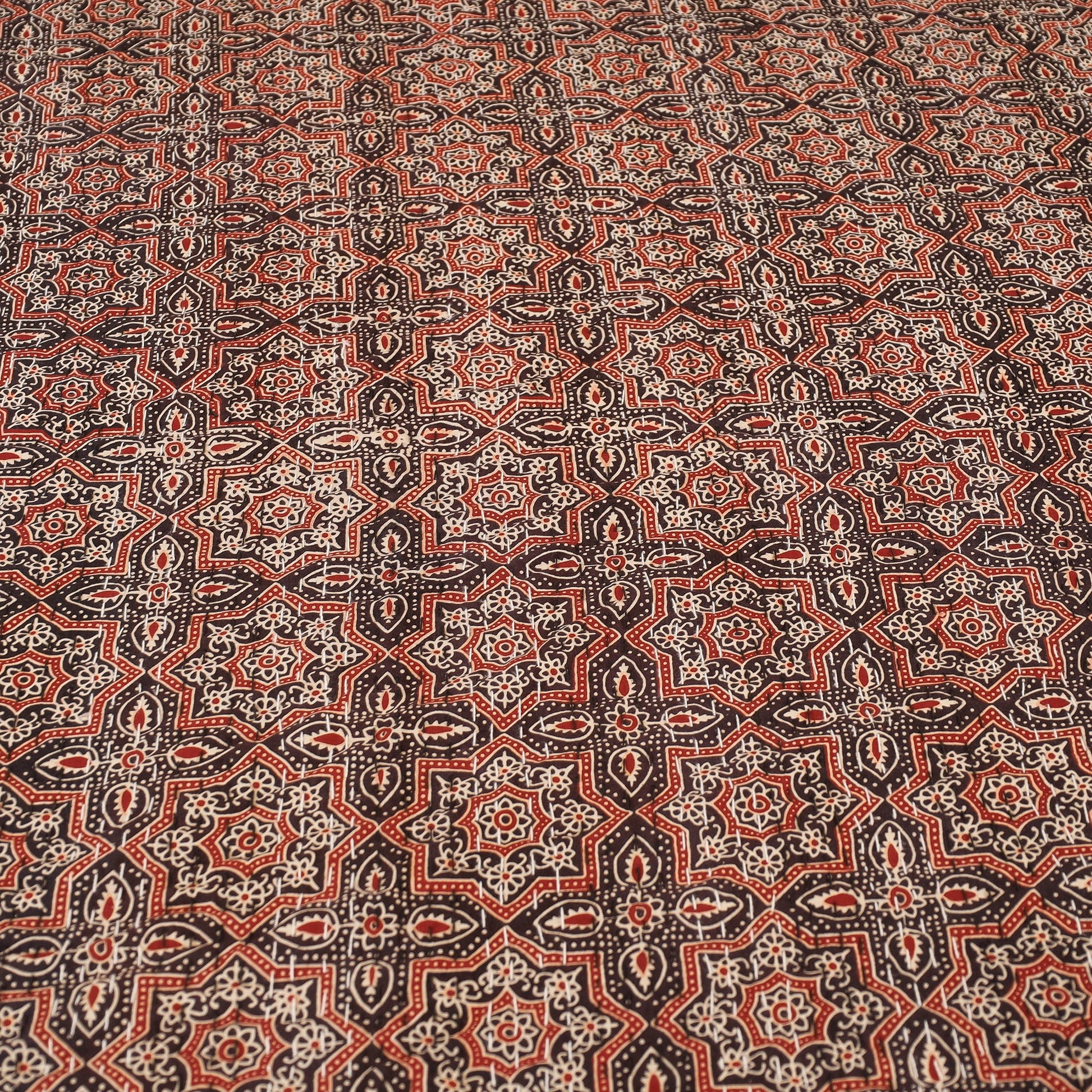 Brown - Ajrakh Block Printed Kantha Work Cotton Double Bed Cover (105 x 90 in)