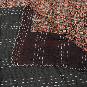 Brown - Ajrakh Block Printed Kantha Work Cotton Double Bed Cover (105 x 90 in)