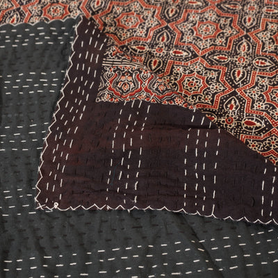 Brown - Ajrakh Block Printed Kantha Work Cotton Double Bed Cover (105 x 90 in)