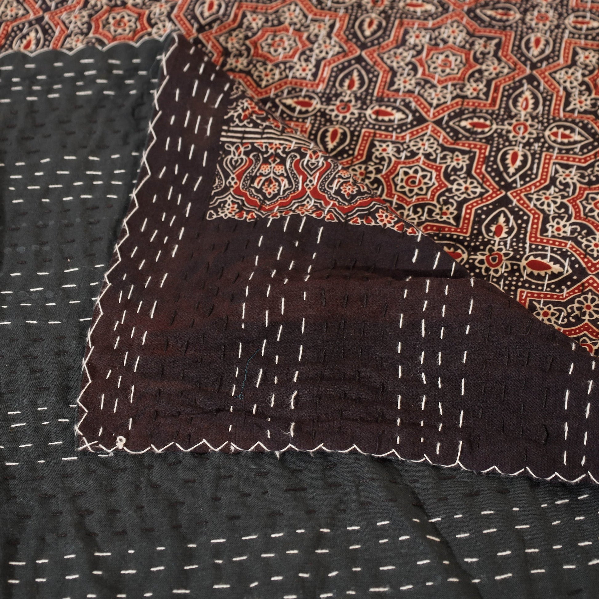 Brown - Ajrakh Block Printed Kantha Work Cotton Double Bed Cover (105 x 90 in)