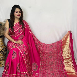 Modal Silk Original Hand Blocked Ajrakh work Lagdi Pallu Saree