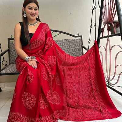 Modal Silk Ajrakh Print Premium Saree