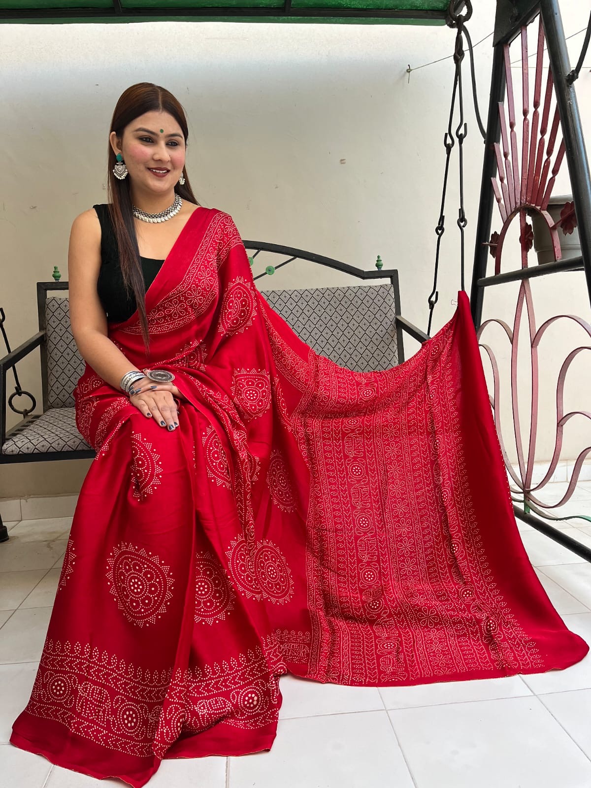 Modal Silk Ajrakh Print Premium Saree