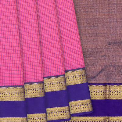 Bubblegum Pink Kanchipuram Silk Saree With Checks & Contrast Violet Border-BubbleGum Pink