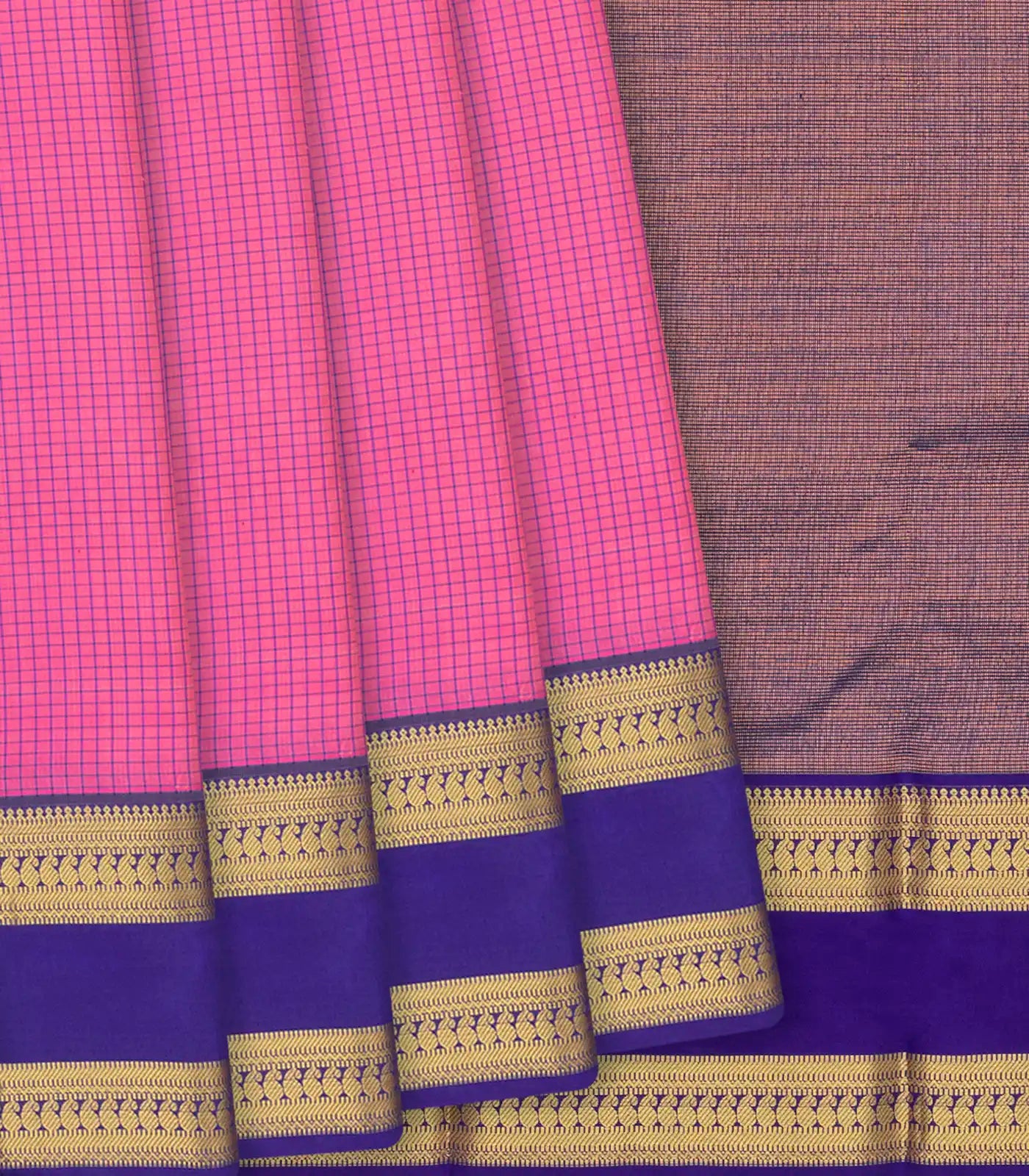 Bubblegum Pink Kanchipuram Silk Saree With Checks & Contrast Violet Border-BubbleGum Pink
