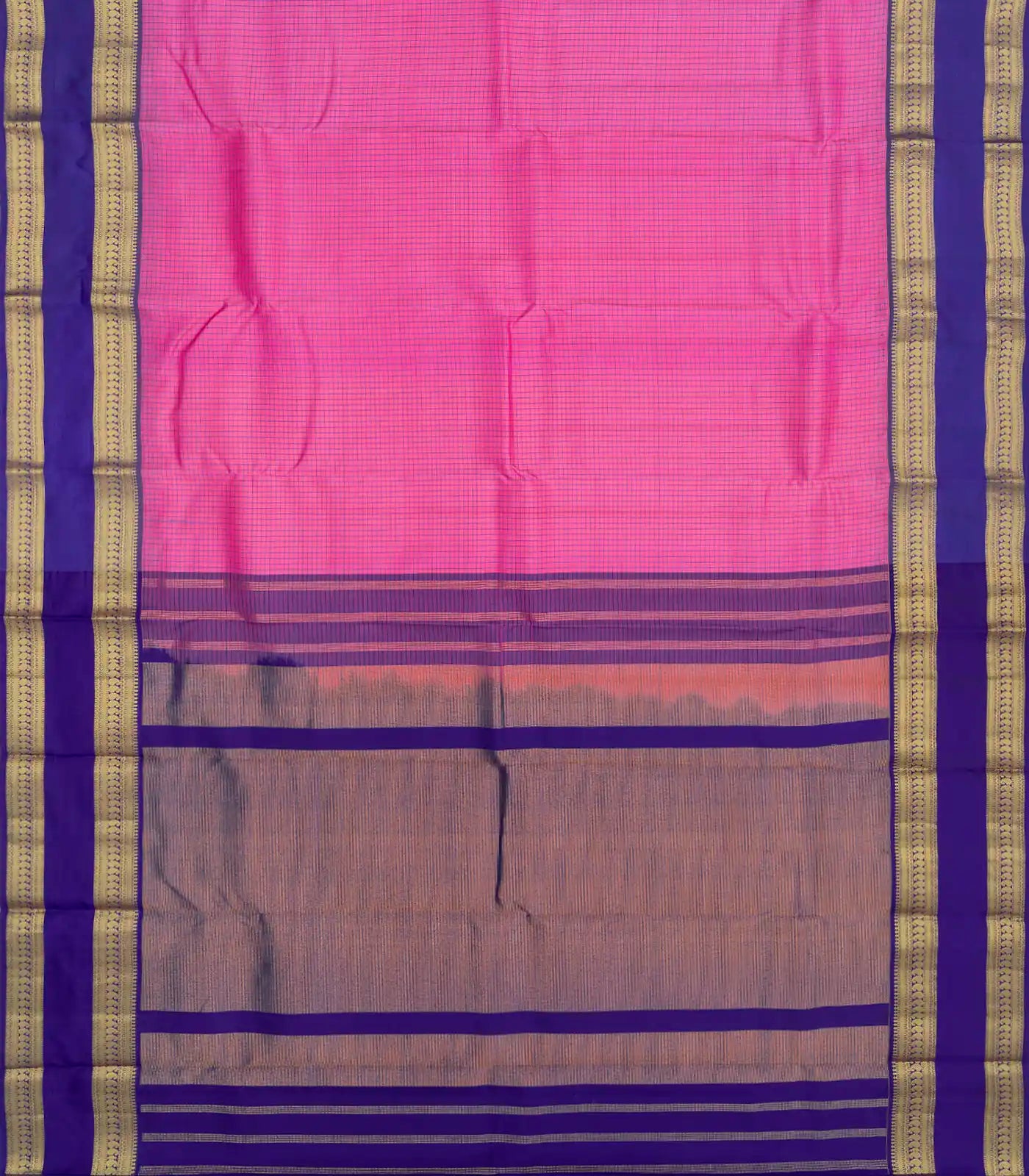 Bubblegum Pink Kanchipuram Silk Saree With Checks & Contrast Violet Border-BubbleGum Pink