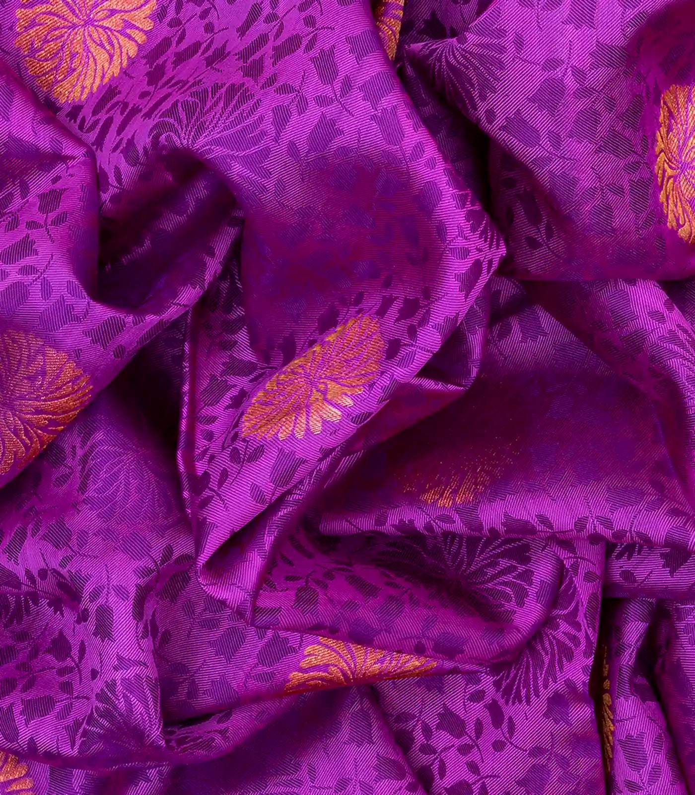 Purple Kanchipuram Silk Saree With Floral Vine Motifs-Purple