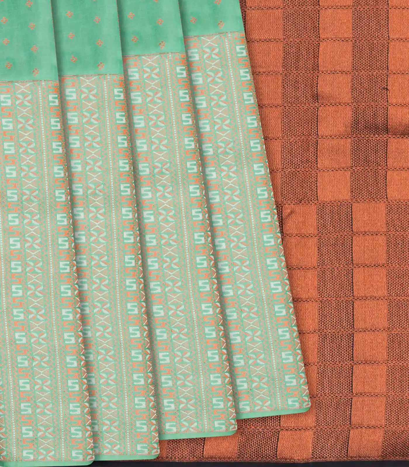 Mint Green Kanchipuram Silk Saree With Geometric Motifs-Mint Green