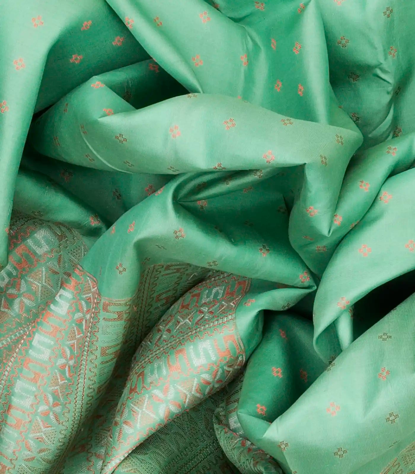 Mint Green Kanchipuram Silk Saree With Geometric Motifs-Mint Green