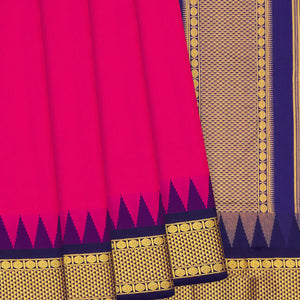 Hot Pink Kanchipuram Silk Saree With Contrast Navy Border-Hot Pink