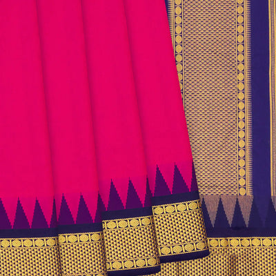 Hot Pink Kanchipuram Silk Saree With Contrast Navy Border-Hot Pink