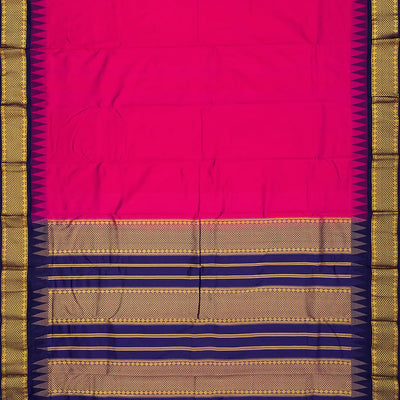 Hot Pink Kanchipuram Silk Saree With Contrast Navy Border-Hot Pink