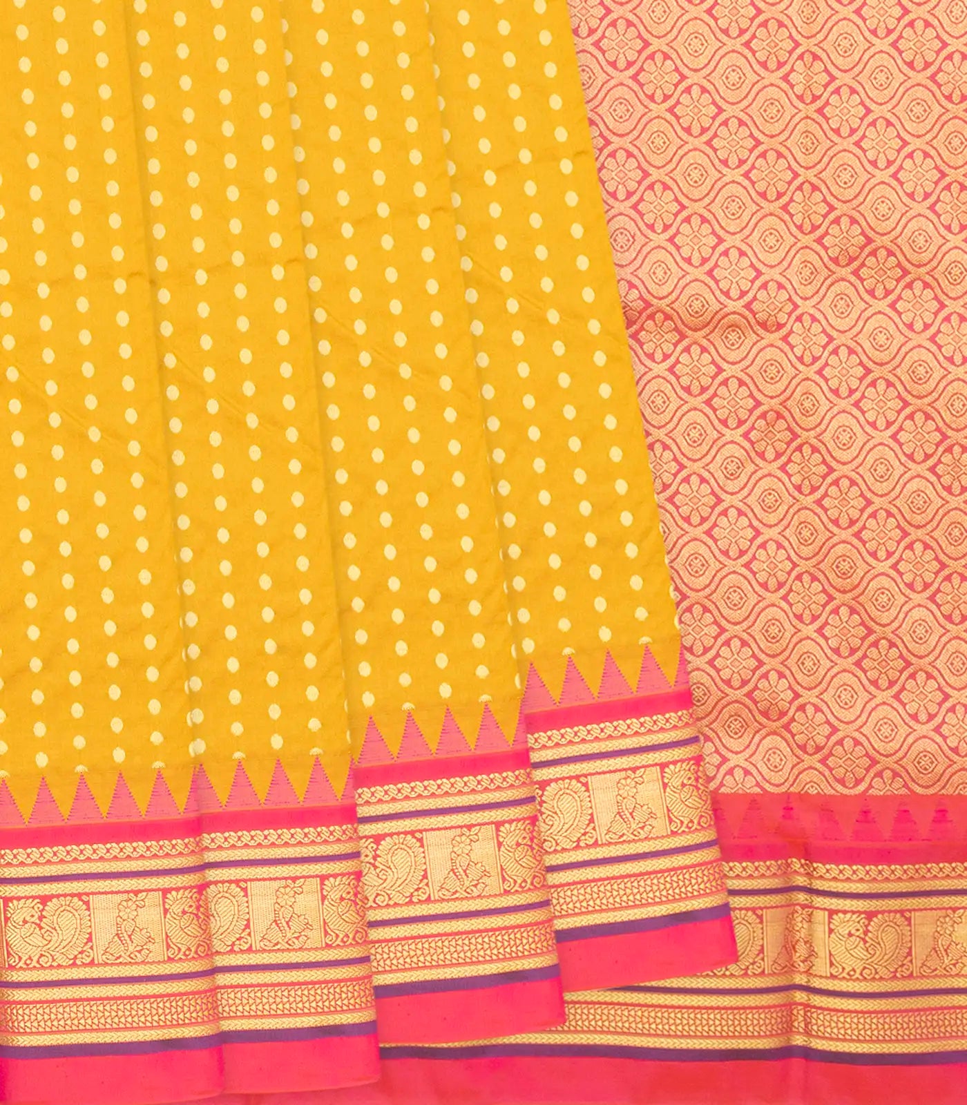 Mustard Kanchipuram Silk Saree With Floral Zari Motifs-Mustard