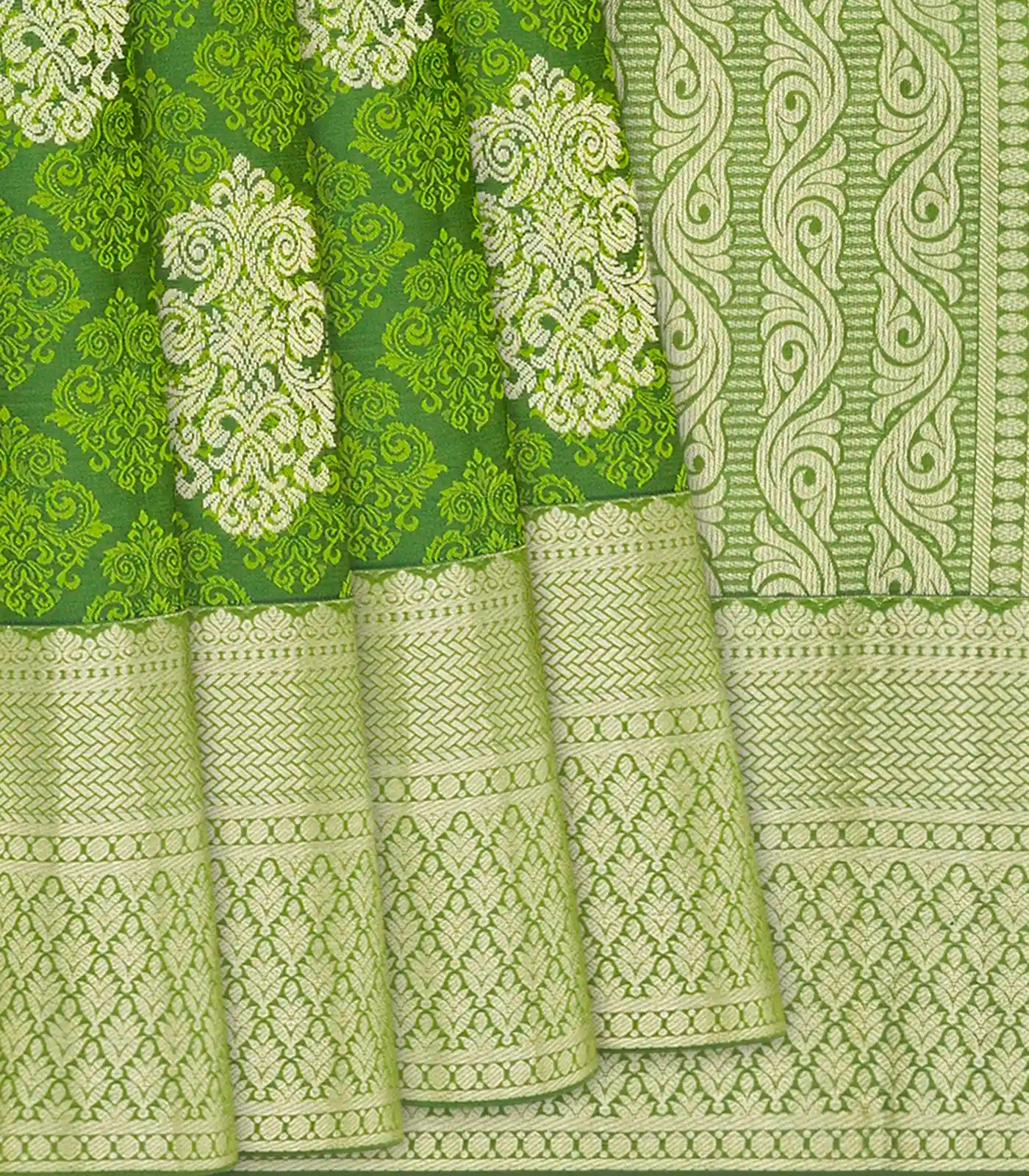Leafy Green Silk Saree With Floral Jaal Motifs-Leaf Green