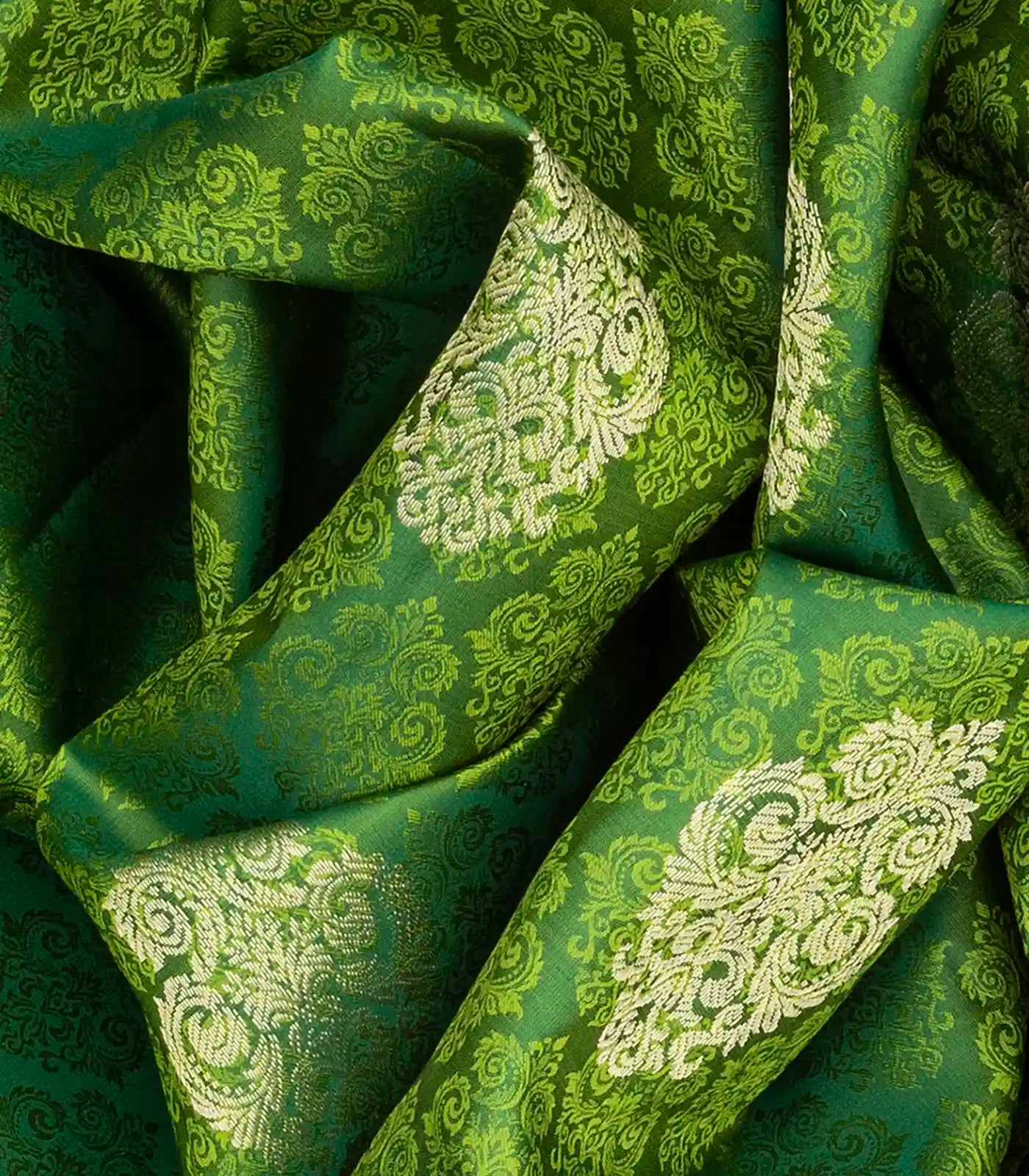 Leafy Green Silk Saree With Floral Jaal Motifs-Leaf Green