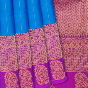 Sky Blue Silk Saree With Stripes & Purple Border-Sky Blue