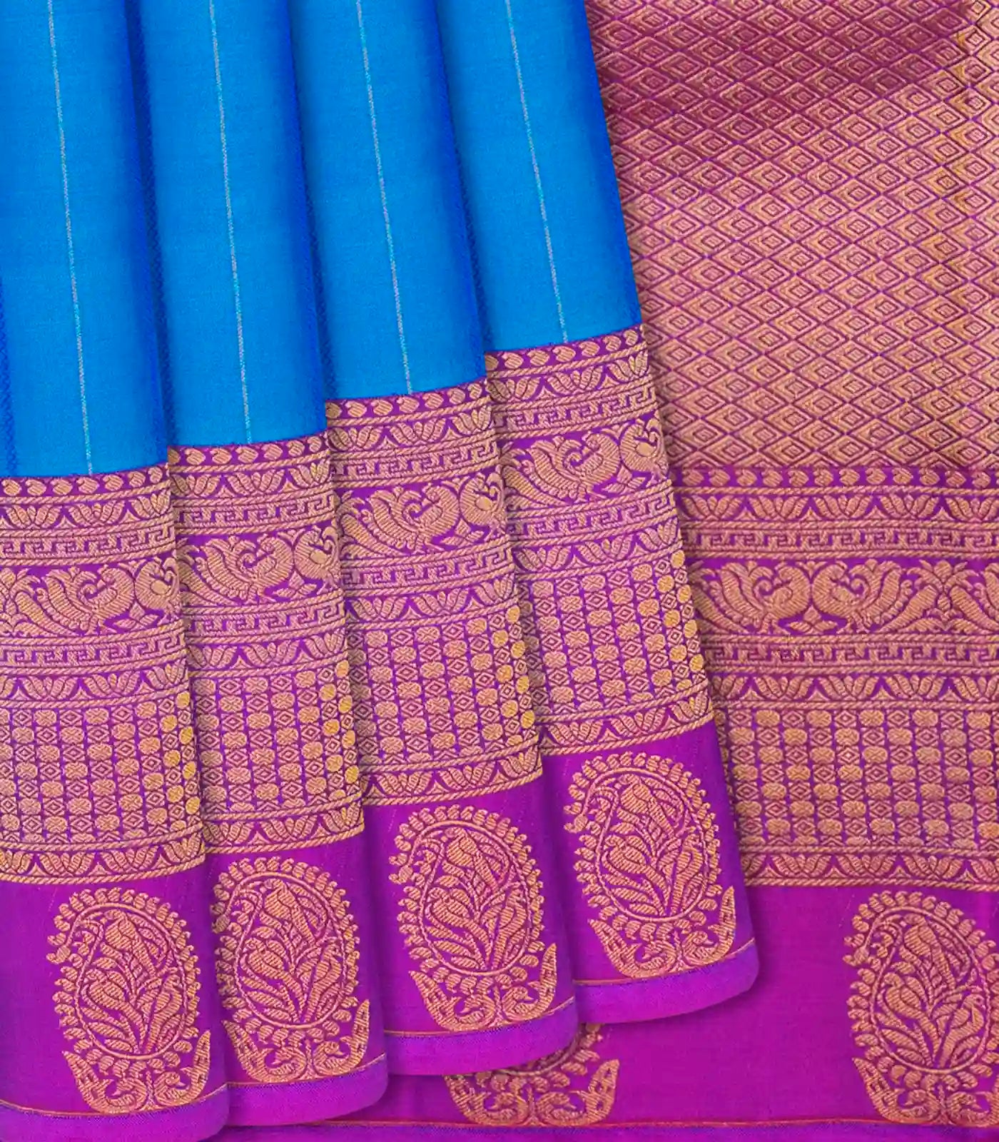 Sky Blue Silk Saree With Stripes & Purple Border-Sky Blue