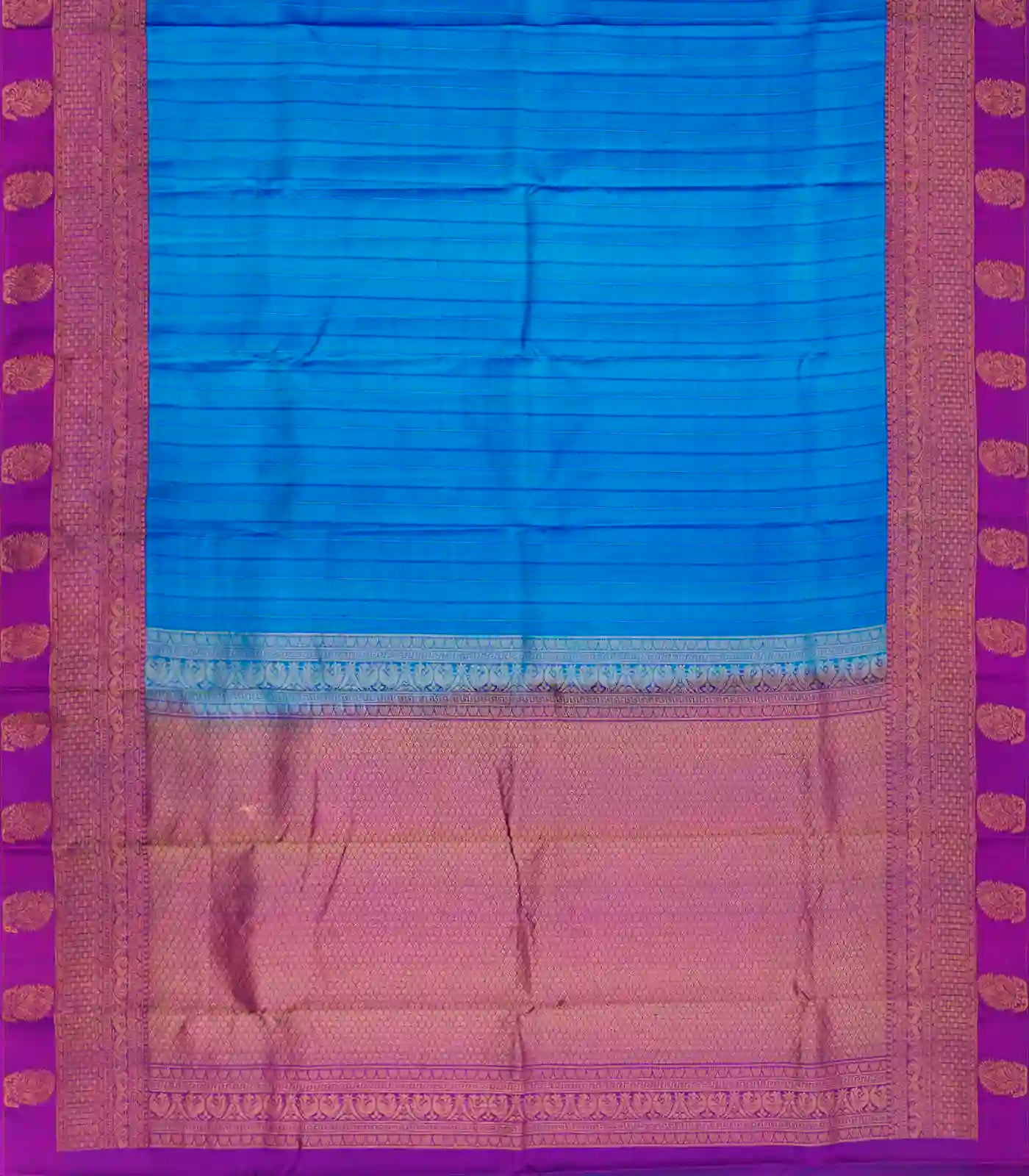Sky Blue Silk Saree With Stripes & Purple Border-Sky Blue