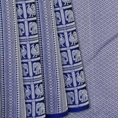 Blue Half & Half Silk Saree With Annam Motifs & Floral Buttas-Blue