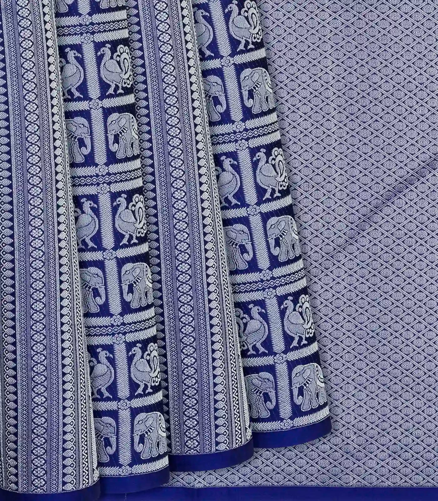Blue Half & Half Silk Saree With Annam Motifs & Floral Buttas-Blue